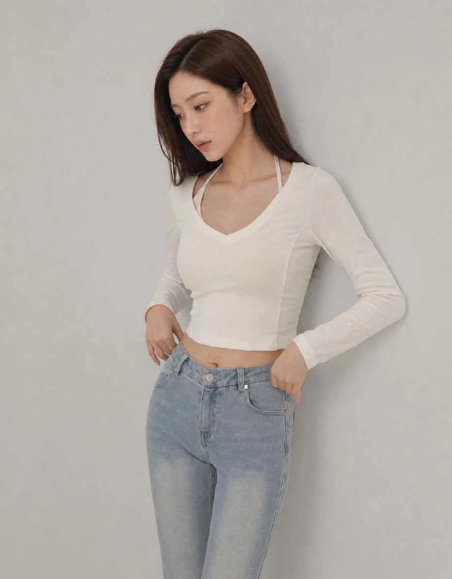 【CLEANFIT】Basic V Neck Long Sleeve Fitted Padded Bra Top 【CLEANFIT】Basic V Neck Long Sleeve Fitted Padded Bra Top