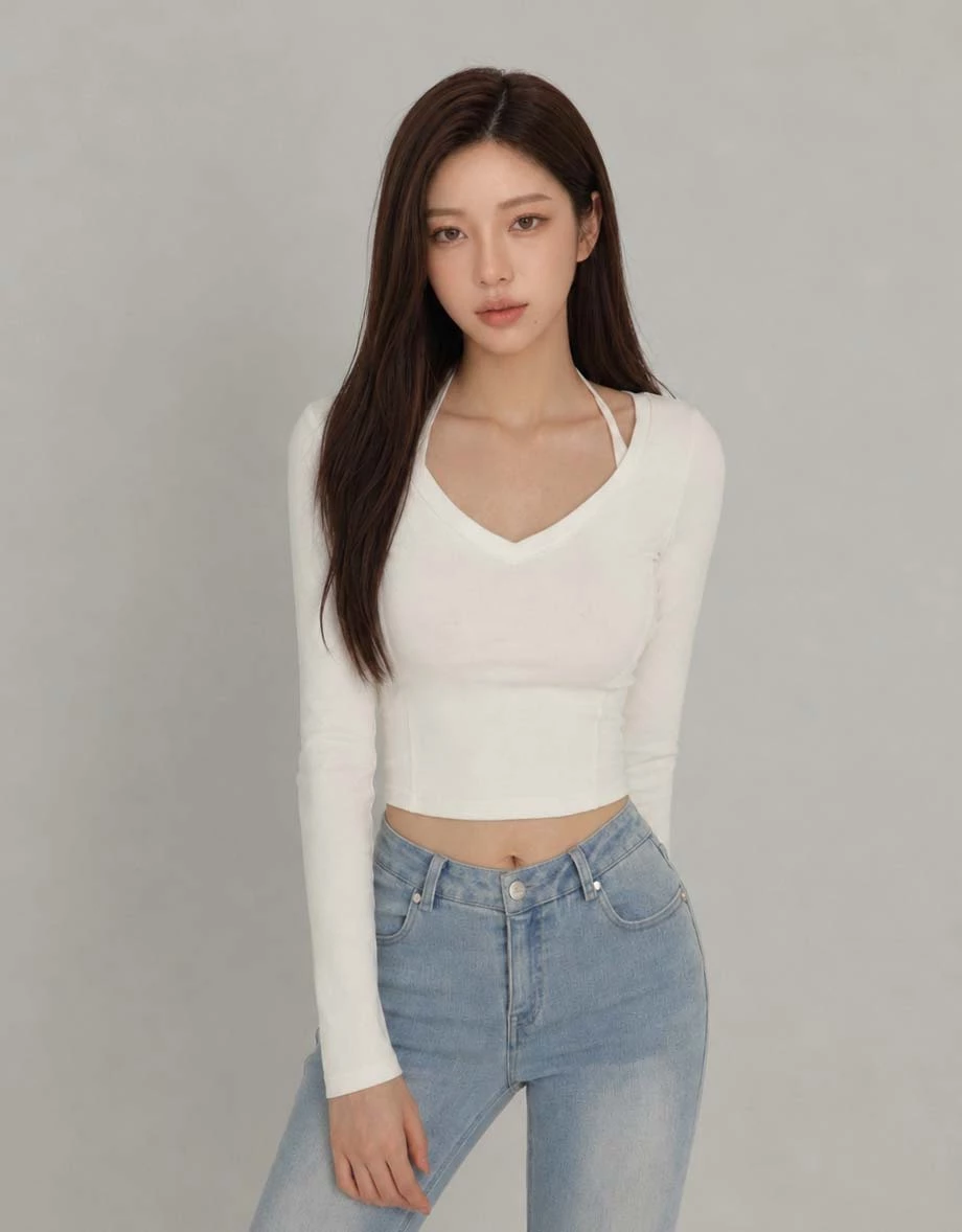 【CLEANFIT】Basic V Neck Long Sleeve Fitted Padded Bra Top 【CLEANFIT】Basic V Neck Long Sleeve Fitted Padded Bra Top