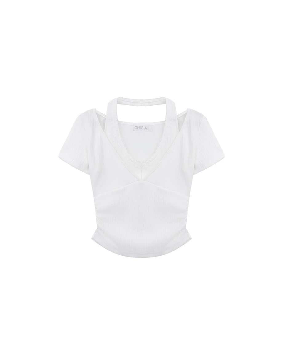 Lace Trim Halter Layered V Neck Short Sleeve Ribbed Padded Bra Top Lace Trim Halter Layered V Neck Short Sleeve Ribbed Padded Bra Top