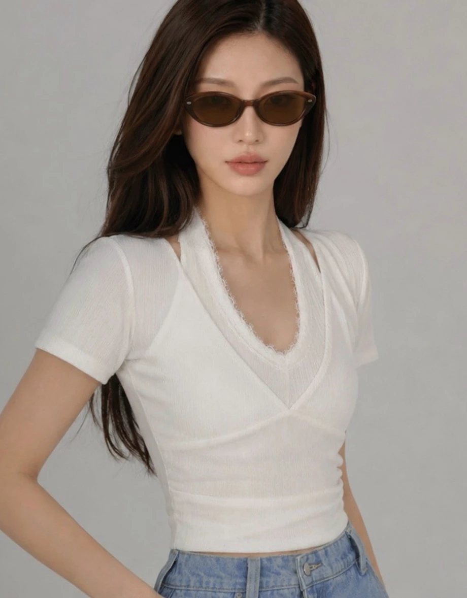 Lace Trim Halter Layered V Neck Short Sleeve Ribbed Padded Bra Top Lace Trim Halter Layered V Neck Short Sleeve Ribbed Padded Bra Top