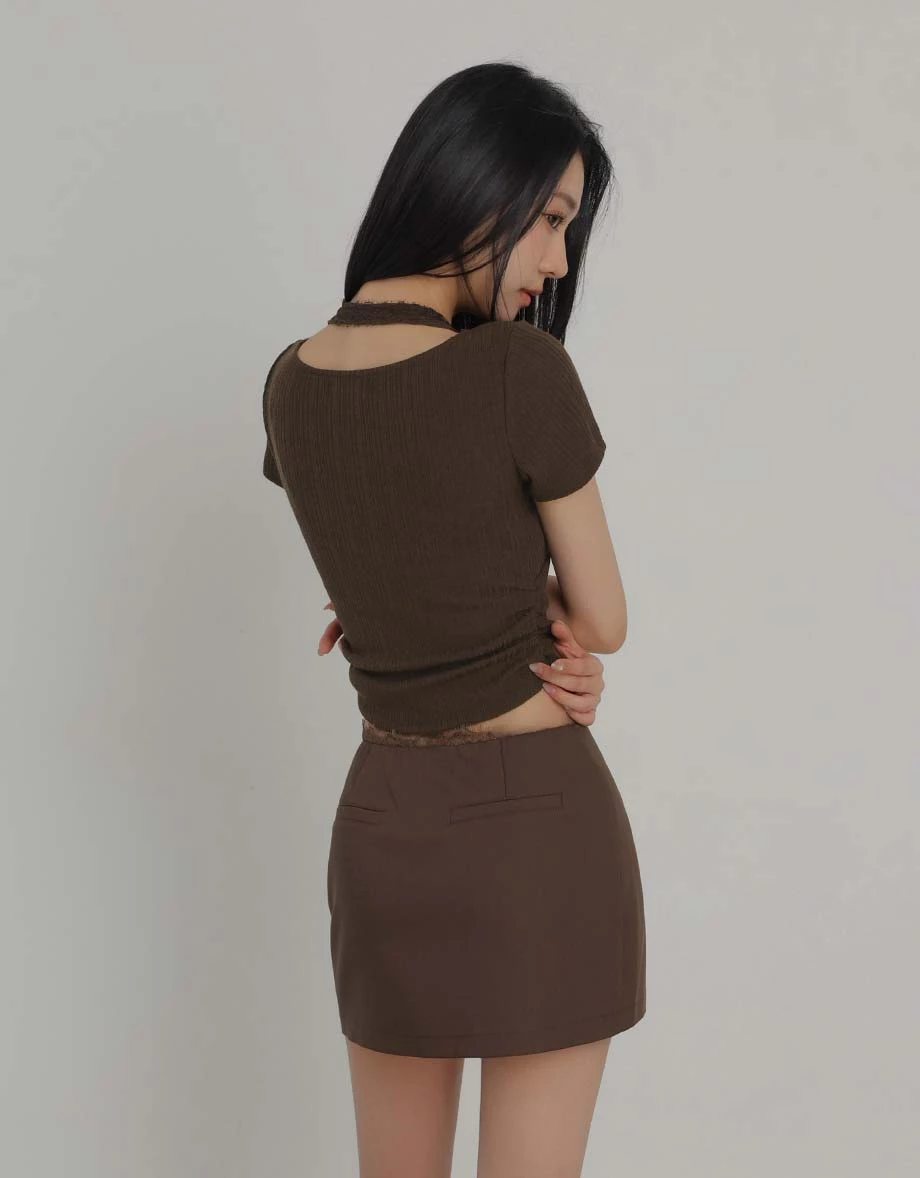 Lace Trim Halter Layered V Neck Short Sleeve Ribbed Padded Bra Top Lace Trim Halter Layered V Neck Short Sleeve Ribbed Padded Bra Top