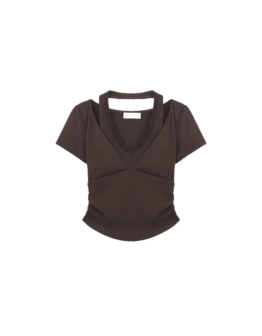 Lace Trim Halter Layered V Neck Short Sleeve Ribbed Padded Bra Top Lace Trim Halter Layered V Neck Short Sleeve Ribbed Padded Bra Top