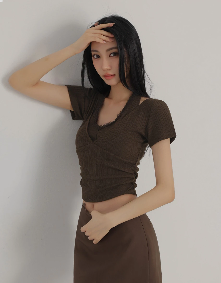 Lace Trim Halter Layered V Neck Short Sleeve Ribbed Padded Bra Top Lace Trim Halter Layered V Neck Short Sleeve Ribbed Padded Bra Top