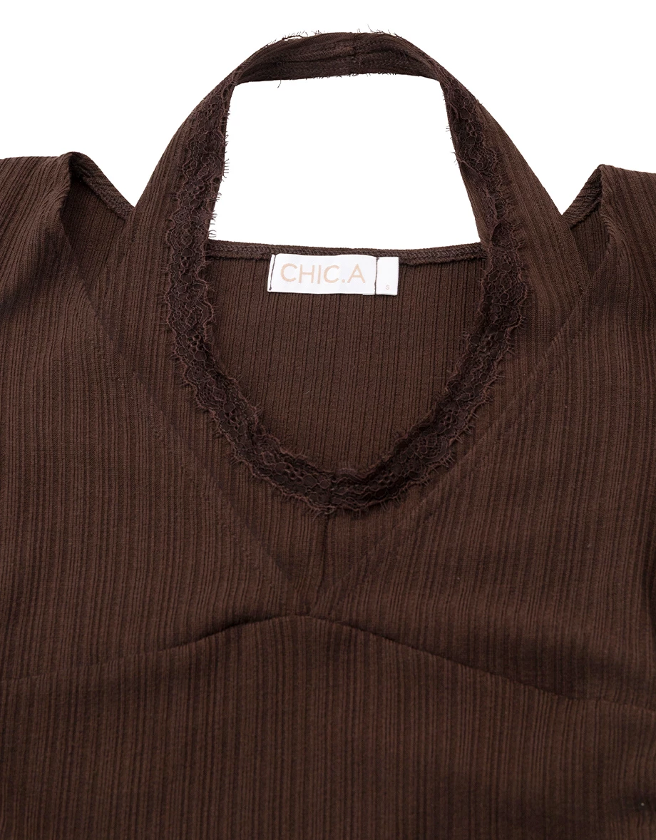 Lace Trim Halter Layered V Neck Short Sleeve Ribbed Padded Bra Top Lace Trim Halter Layered V Neck Short Sleeve Ribbed Padded Bra Top