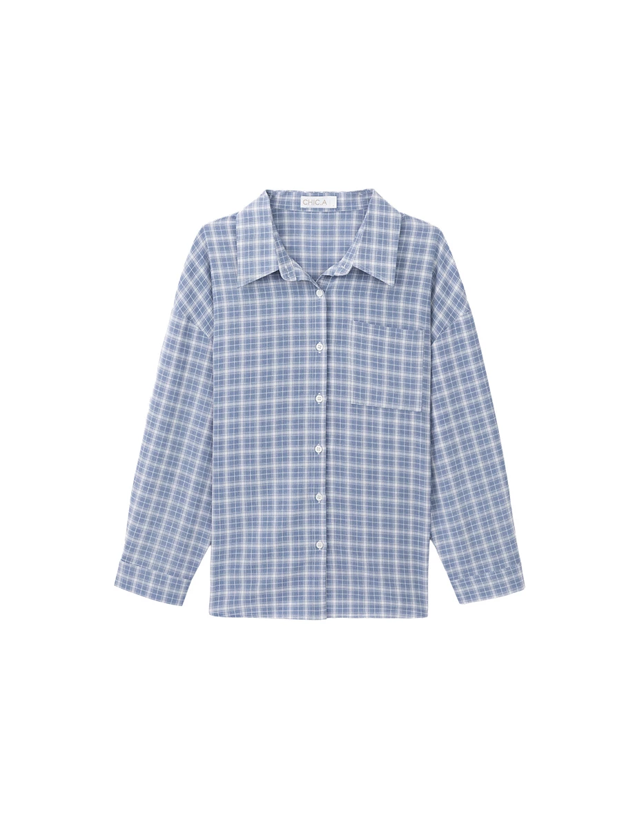 Oversized Plaid Pointed Collar Chest Pocket Button Up Shirt Blouse