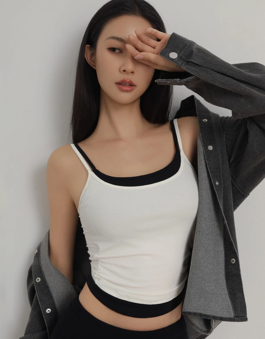 Contrast Layered Side Ruched Padded Cami Bra Top Contrast Layered Side Ruched Padded Cami Bra Top