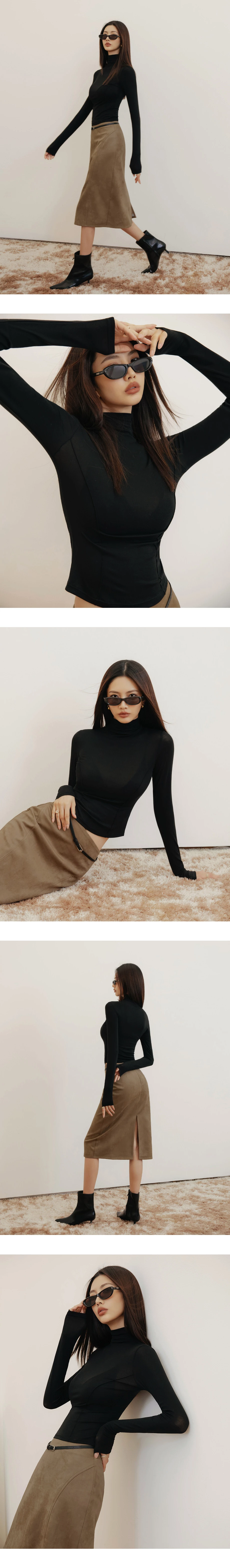 【IHUA Deisgn】Mock Neck Sheer Mesh Long Sleeve Fitted Top