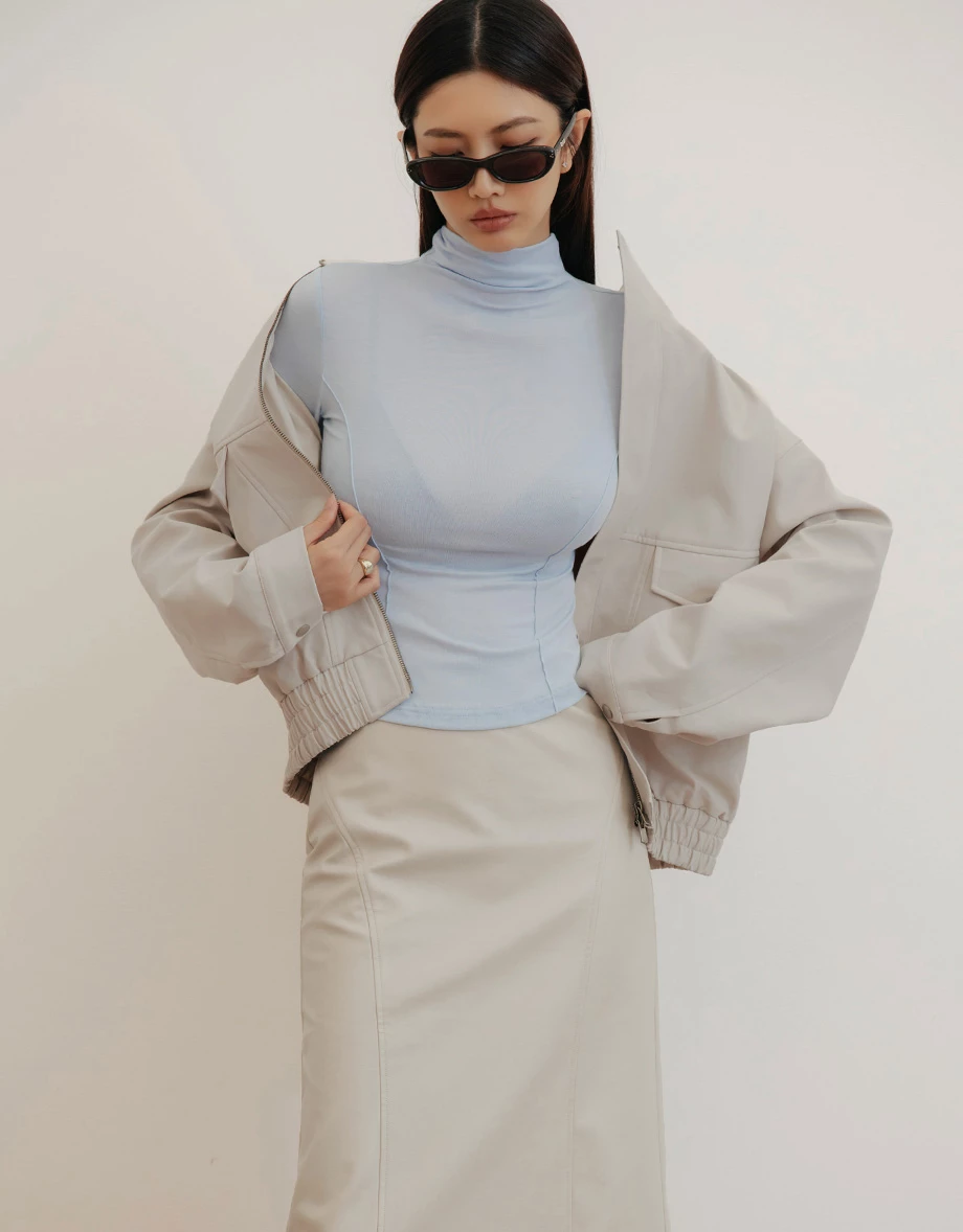【IHUA Deisgn】Mock Neck Sheer Mesh Long Sleeve Fitted Top