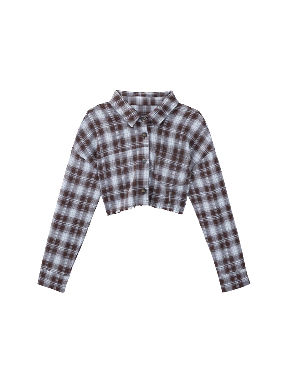 Vintage Plaid Raw Hem Button Up Shirt Blouse