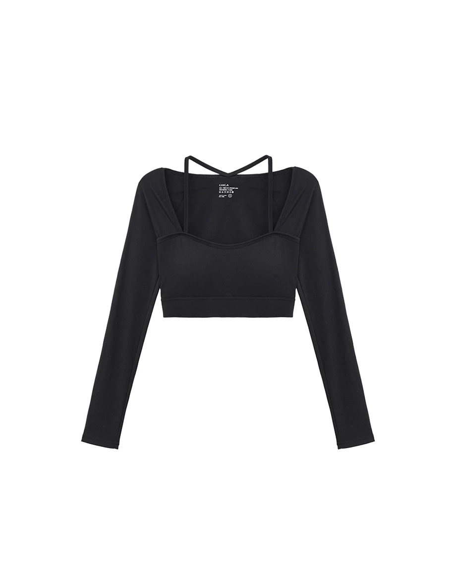Layered Look Halter Square Neck Long Sleeve Active Padded Bra Top