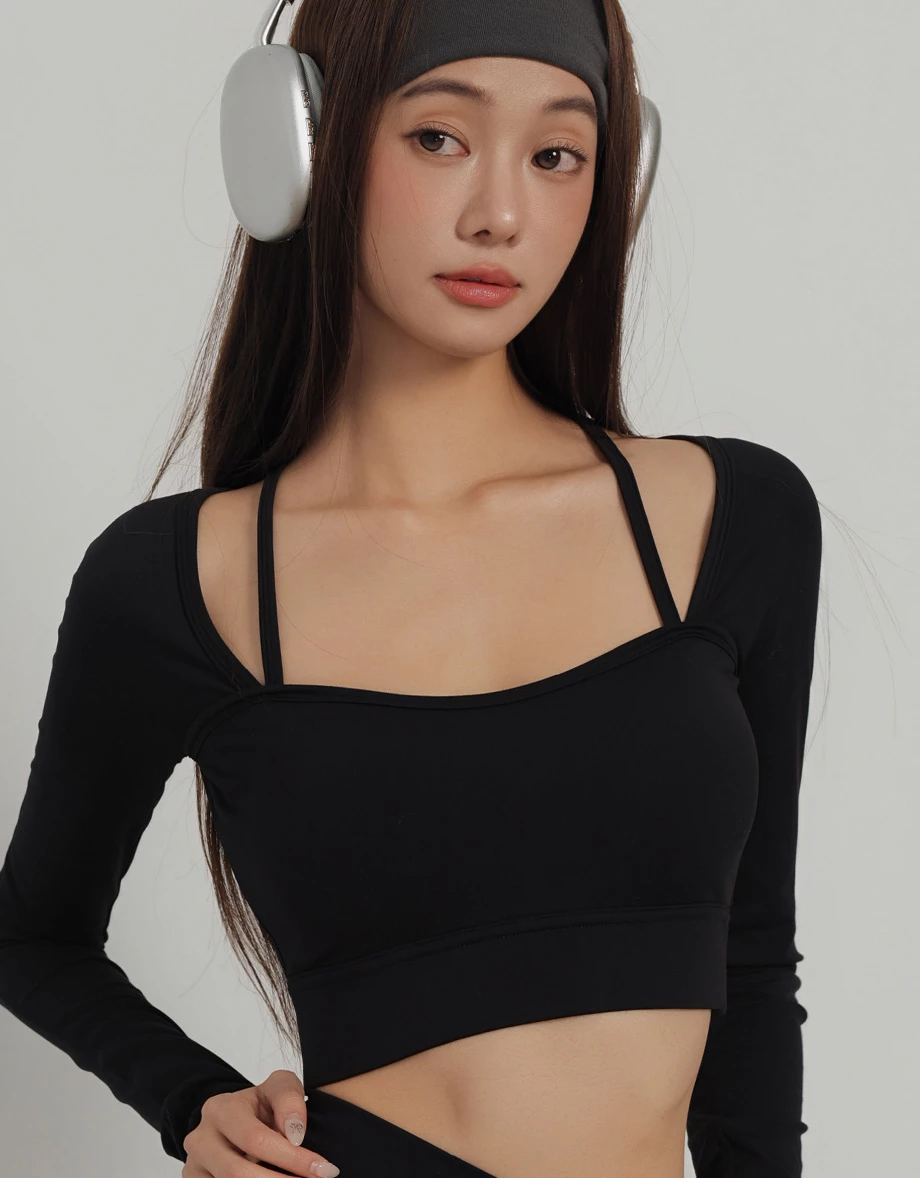 桃心領細肩帶拼接長袖短版BRA TOP