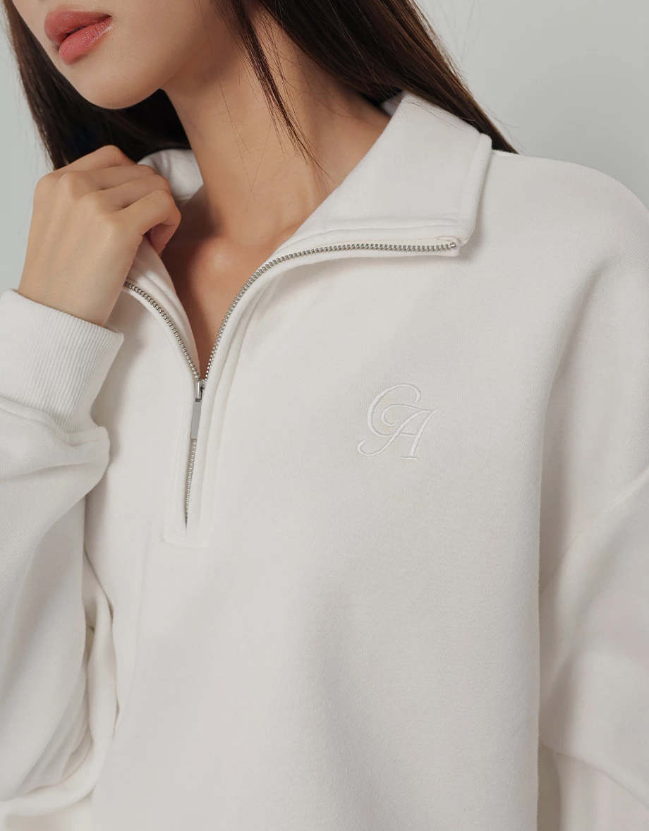 LOGO刺繡翻領拉鍊半開襟長袖寬版大學TEE