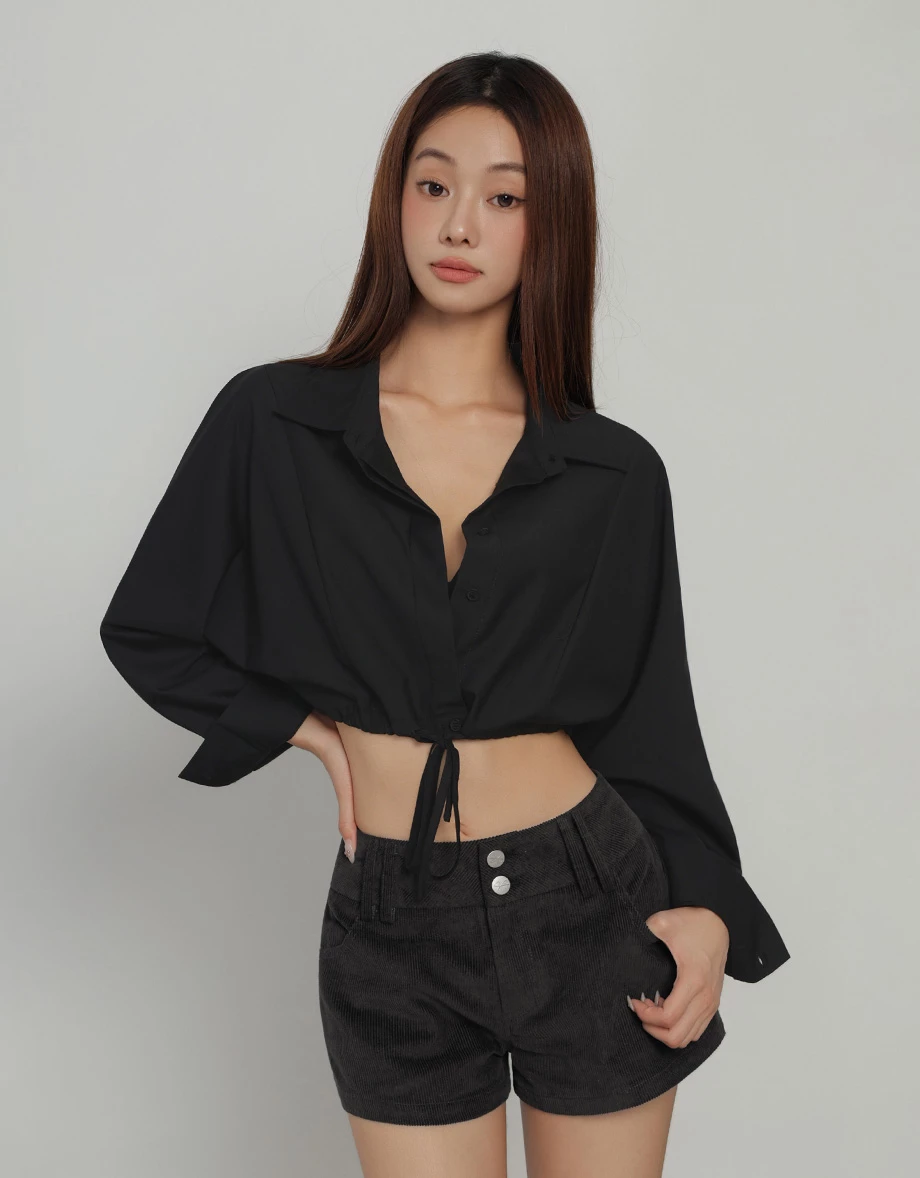 Point Collar Drawstring Hem Long Sleeve Crop Shirt Blouse Point Collar Drawstring Hem Long Sleeve Crop Shirt Blouse