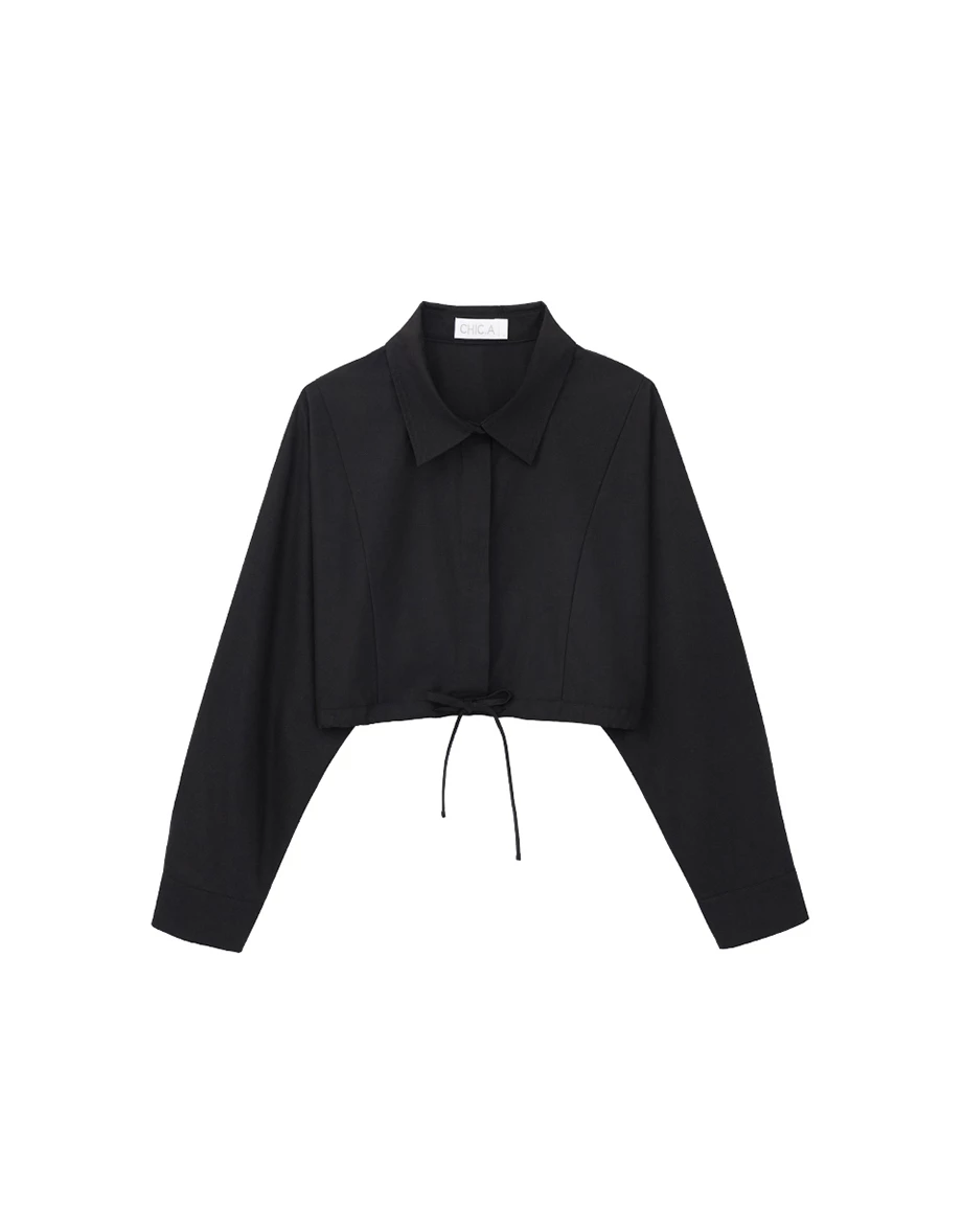 Point Collar Drawstring Hem Long Sleeve Crop Shirt Blouse Point Collar Drawstring Hem Long Sleeve Crop Shirt Blouse