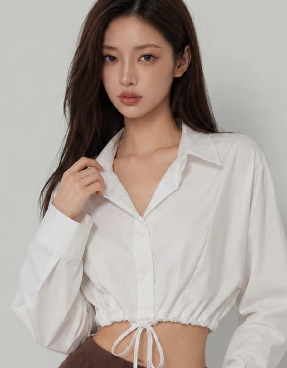 Point Collar Drawstring Hem Long Sleeve Crop Shirt Blouse Point Collar Drawstring Hem Long Sleeve Crop Shirt Blouse