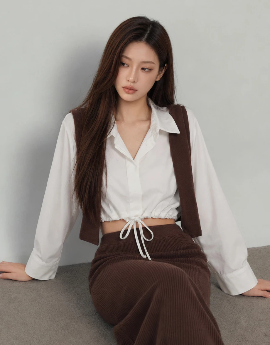 Point Collar Drawstring Hem Long Sleeve Crop Shirt Blouse Point Collar Drawstring Hem Long Sleeve Crop Shirt Blouse