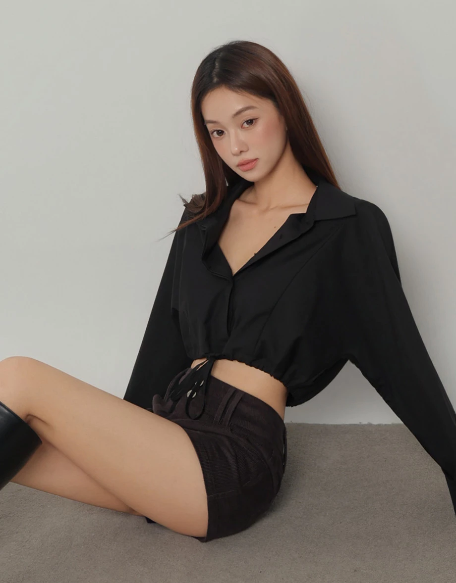 Point Collar Drawstring Hem Long Sleeve Crop Shirt Blouse Point Collar Drawstring Hem Long Sleeve Crop Shirt Blouse
