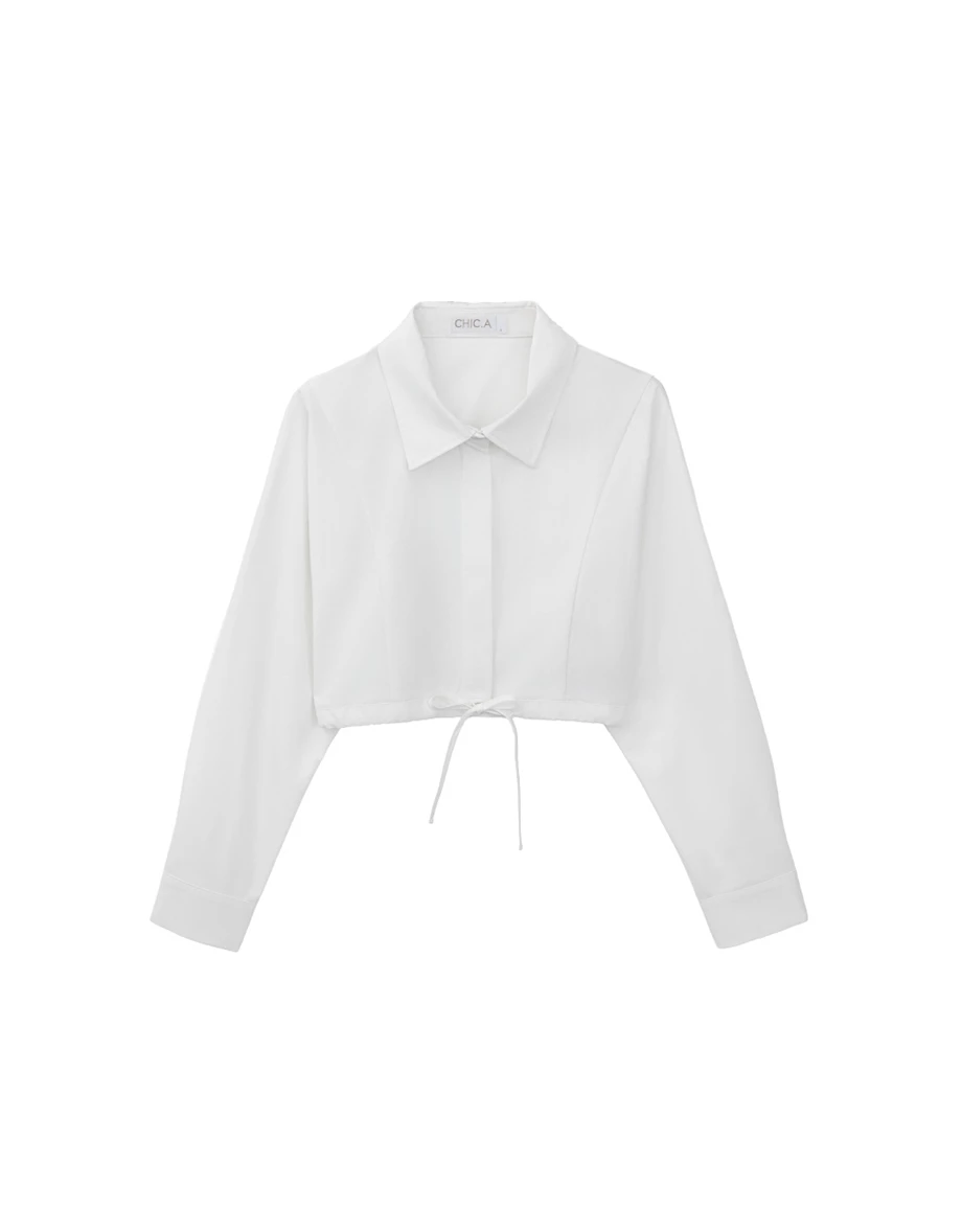 Point Collar Drawstring Hem Long Sleeve Crop Shirt Blouse