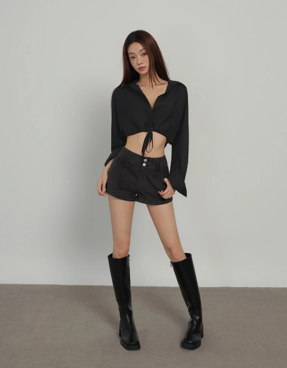 Point Collar Drawstring Hem Long Sleeve Crop Shirt Blouse