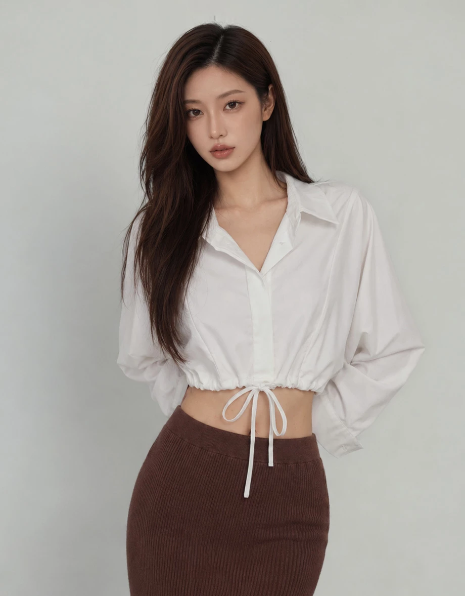 Point Collar Drawstring Hem Long Sleeve Crop Shirt Blouse