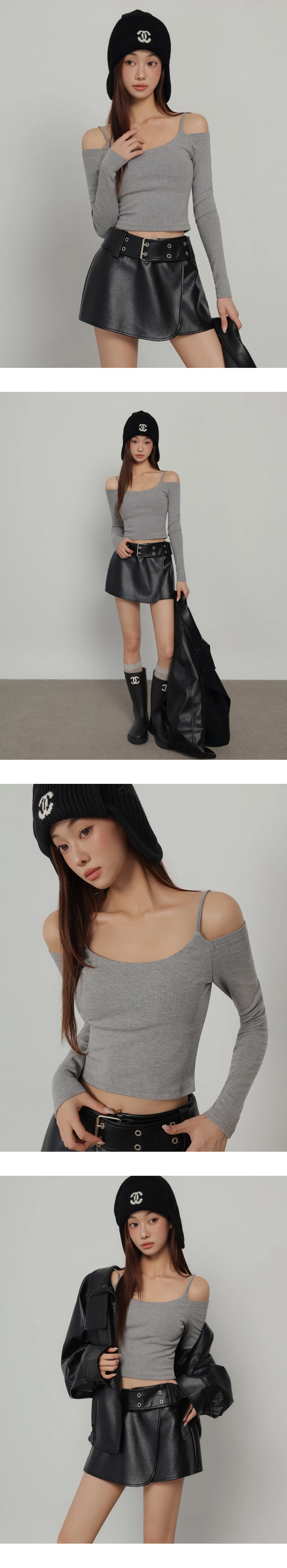 【Heat Tech】Spaghetti Strap Cold Shoulder Slim Fit Long Sleeve Padded Bra Top