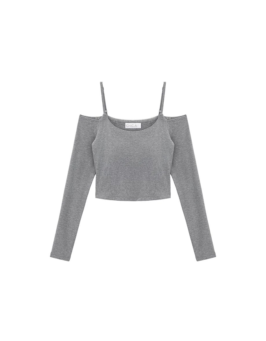 【Heat Tech】Spaghetti Strap Cold Shoulder Slim Fit Long Sleeve Padded Bra Top