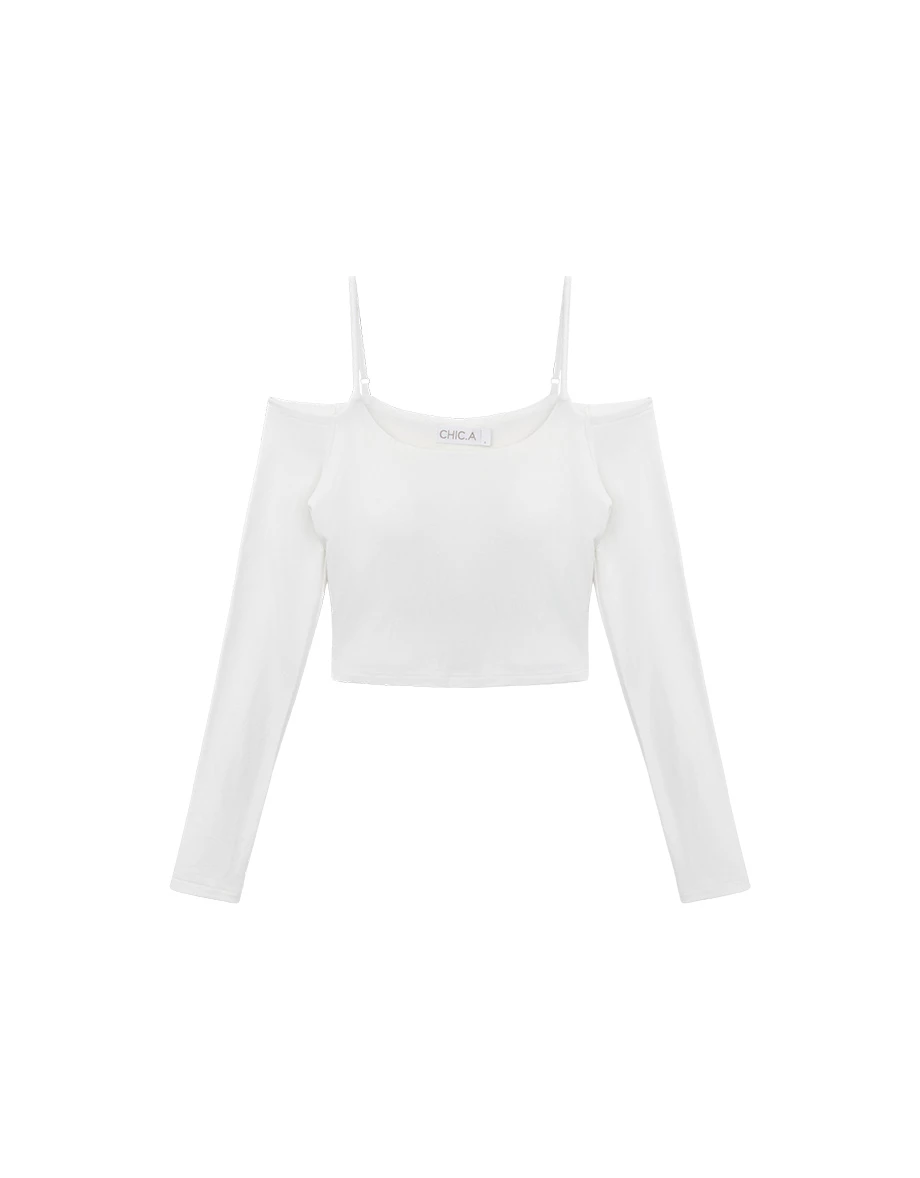 【Heat Tech】Spaghetti Strap Cold Shoulder Slim Fit Long Sleeve Padded Bra Top