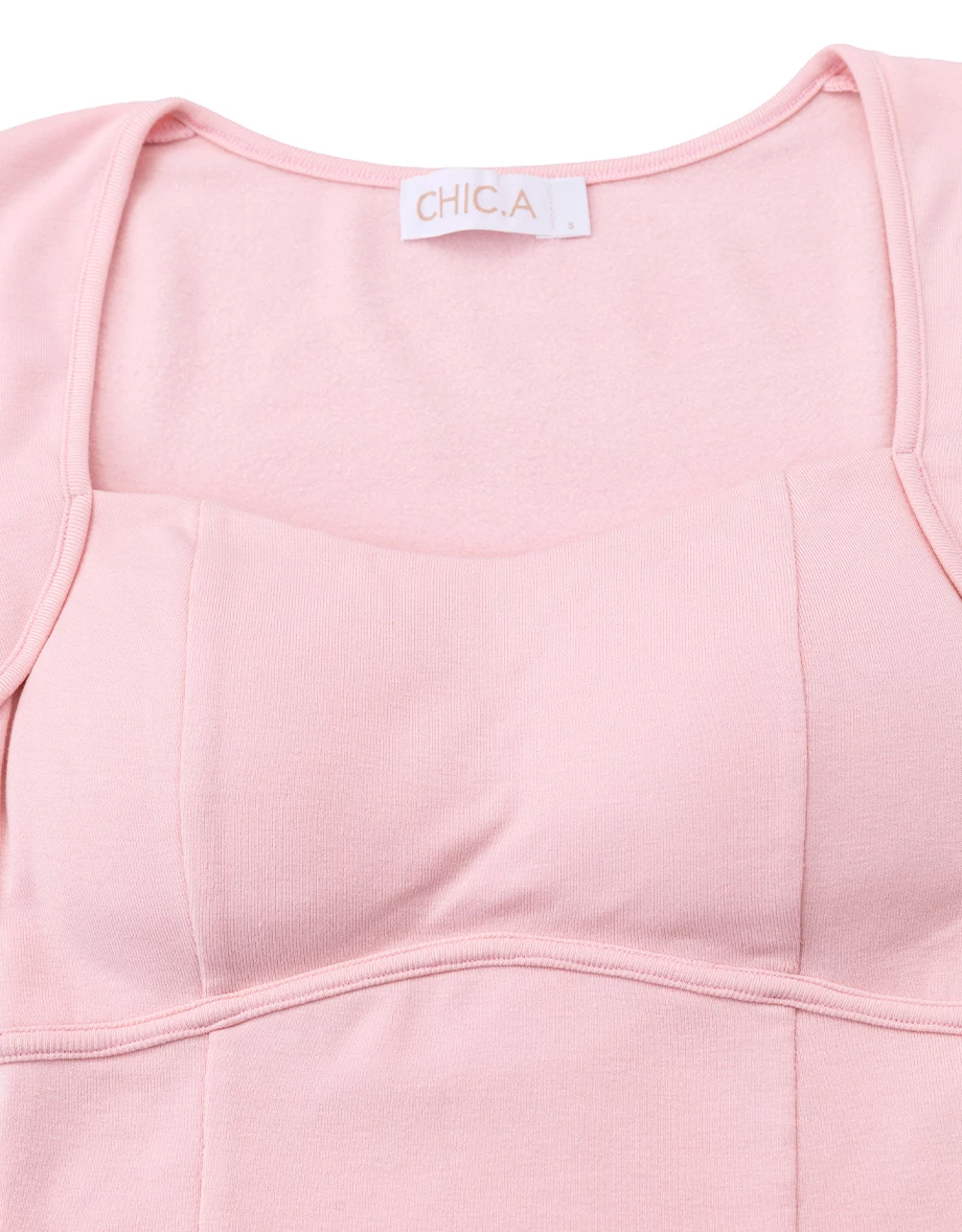 【Heat Tech】Curved Hem Ribbed Knit Long Sleeve Bustier Padded Bra Top