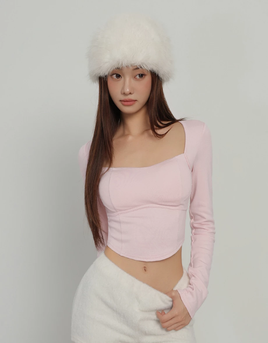 【Heat Tech】Curved Hem Ribbed Knit Long Sleeve Bustier Padded Bra Top