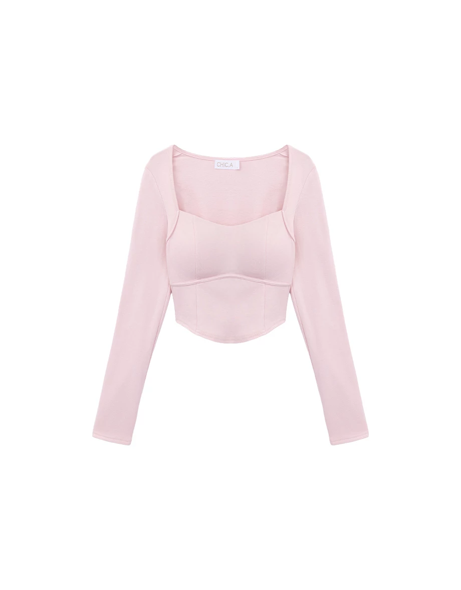 【Heat Tech】Curved Hem Ribbed Knit Long Sleeve Bustier Padded Bra Top