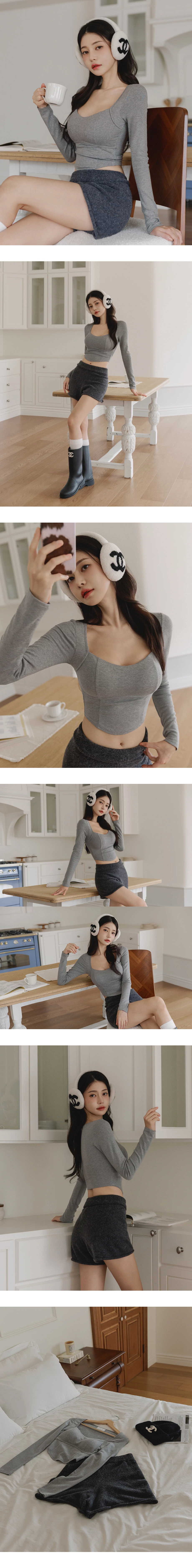 【Heat Tech】Curved Hem Ribbed Knit Long Sleeve Bustier Padded Bra Top