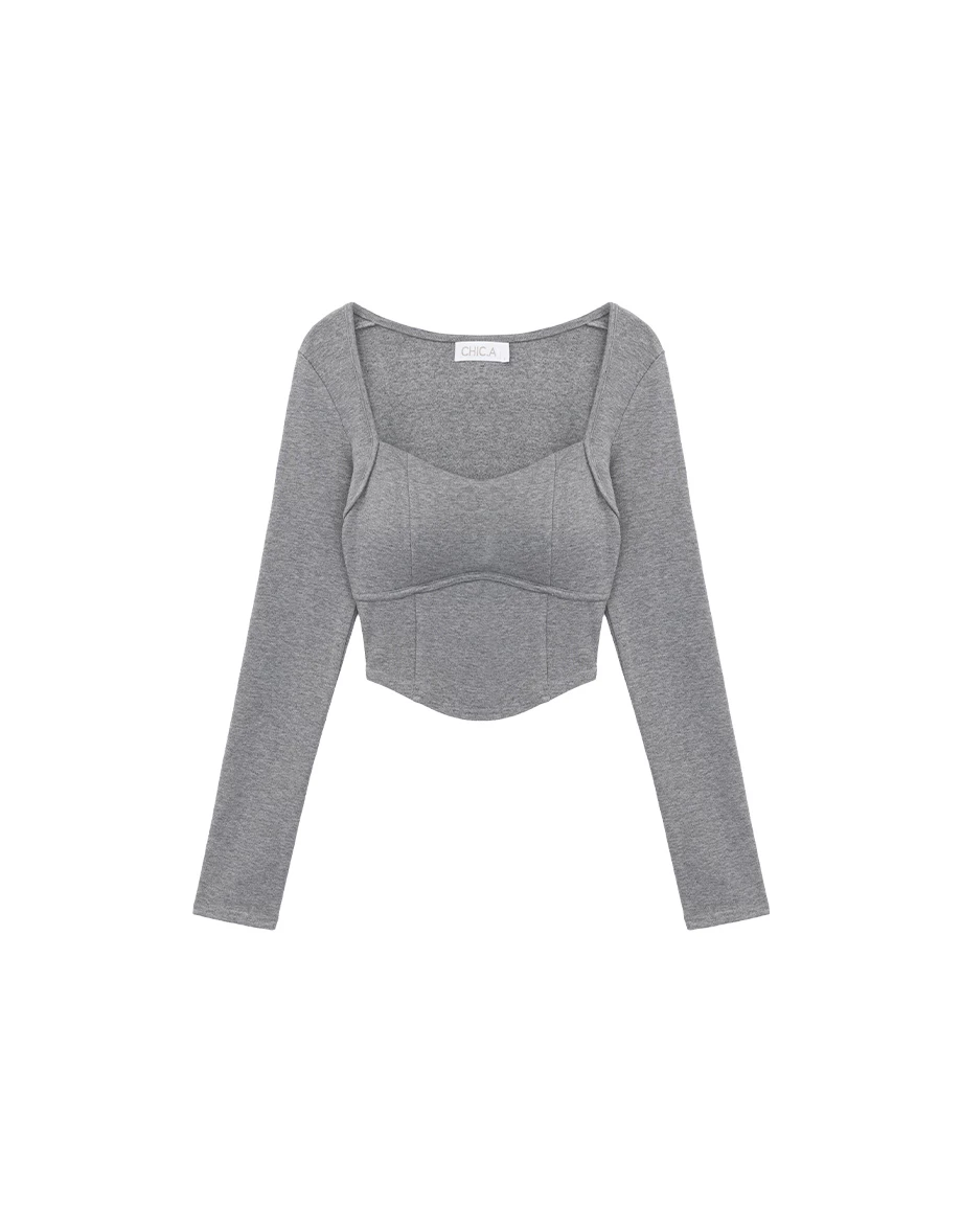 WARM↑UP薄感好身材 桃心領弧形下擺長袖發熱BRA TOP