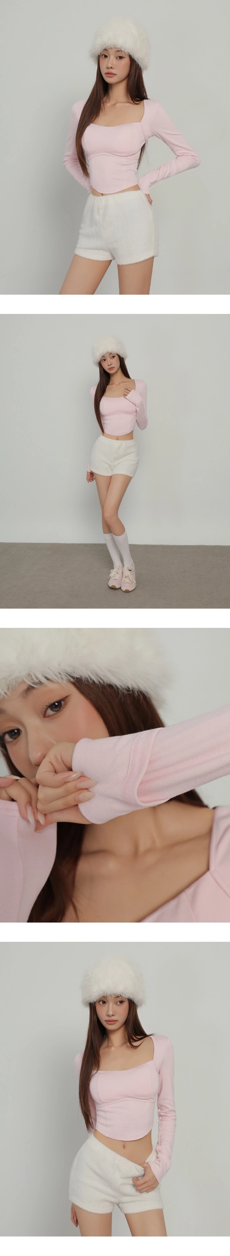 【Heat Tech】Curved Hem Ribbed Knit Long Sleeve Bustier Padded Bra Top