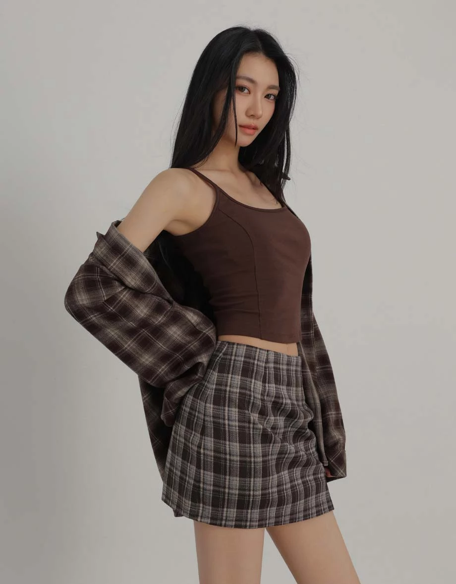 High Waist Front Side Slit Plaid A Line Mini Skort