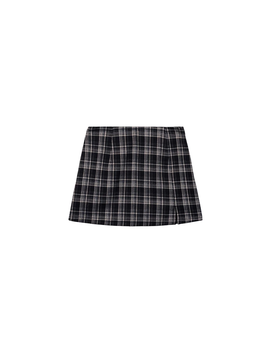 High Waist Front Side Slit Plaid A Line Mini Skort
