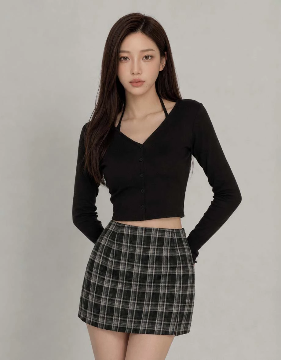 High Waist Front Side Slit Plaid A Line Mini Skort