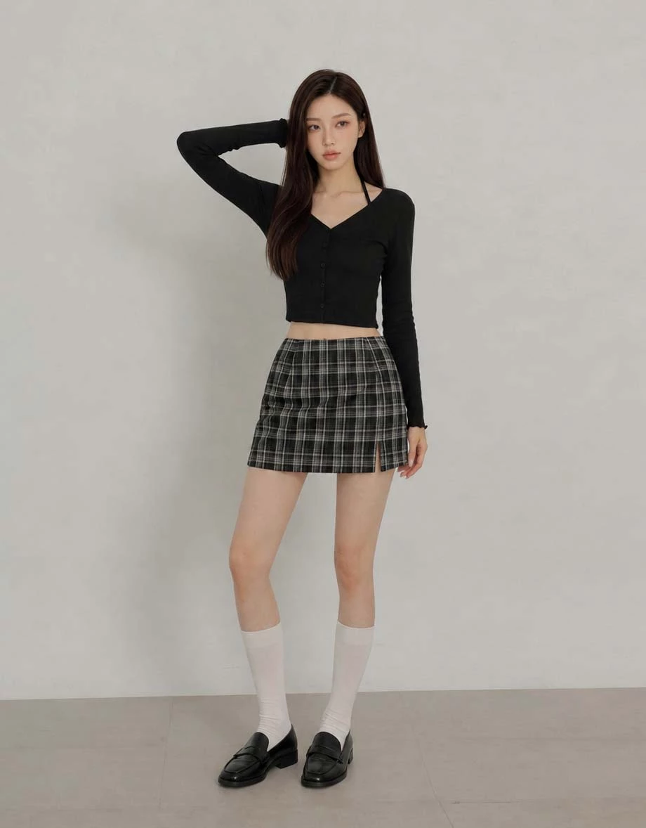 High Waist Front Side Slit Plaid A Line Mini Skort