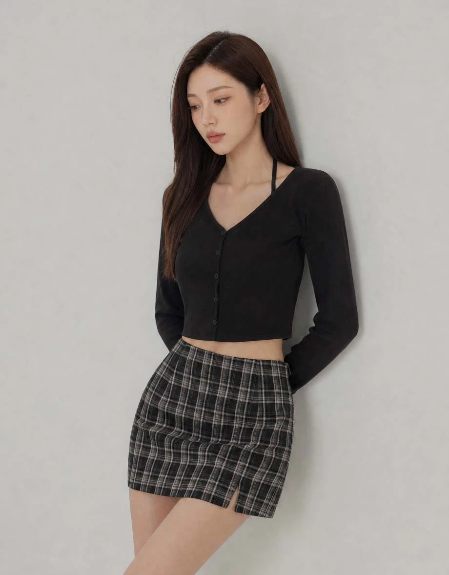 High Waist Front Side Slit Plaid A Line Mini Skort