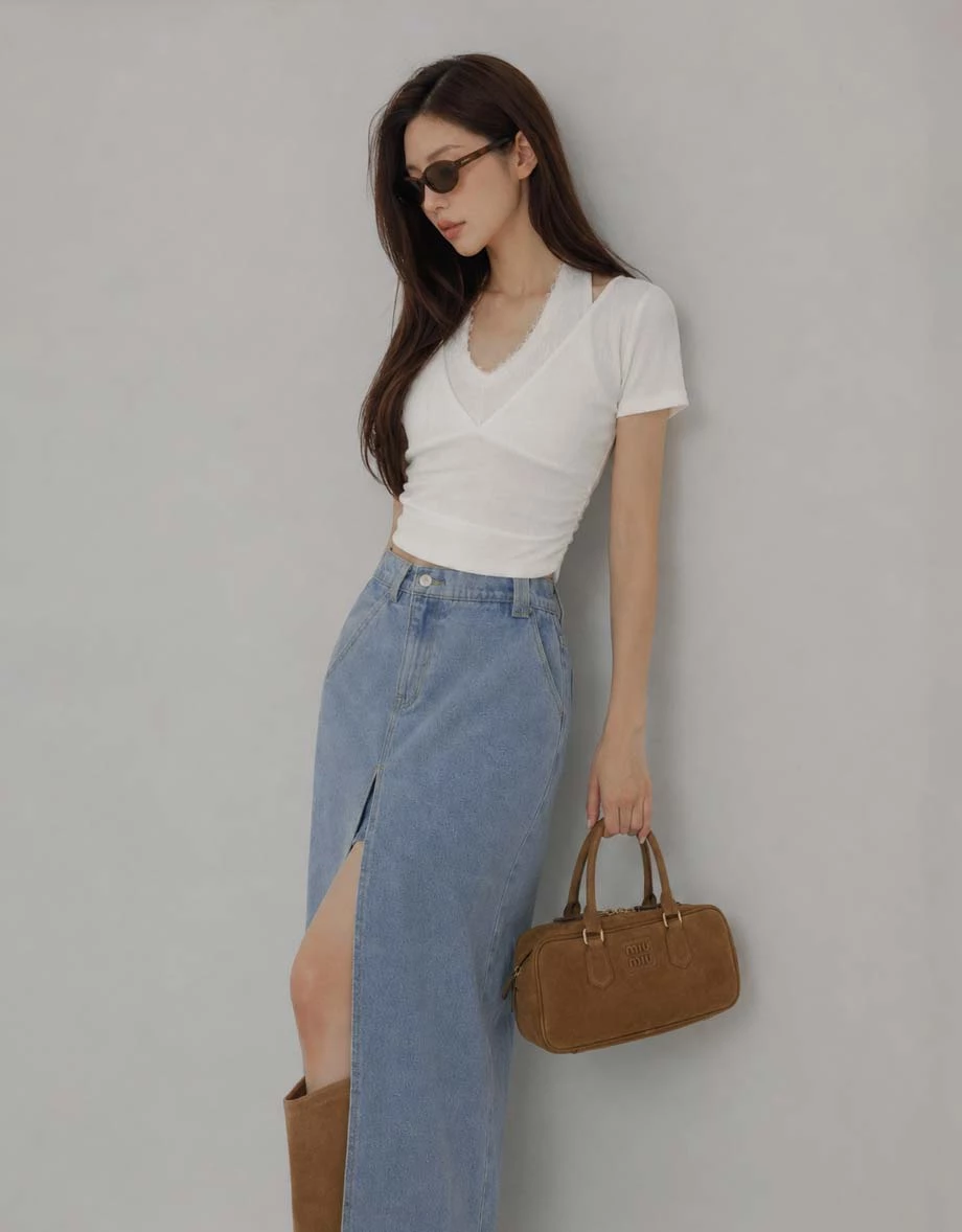 High Waist Front Slit Elastic Back Jeans Denim Maxi Skirt High Waist Front Slit Elastic Back Jeans Denim Maxi Skirt
