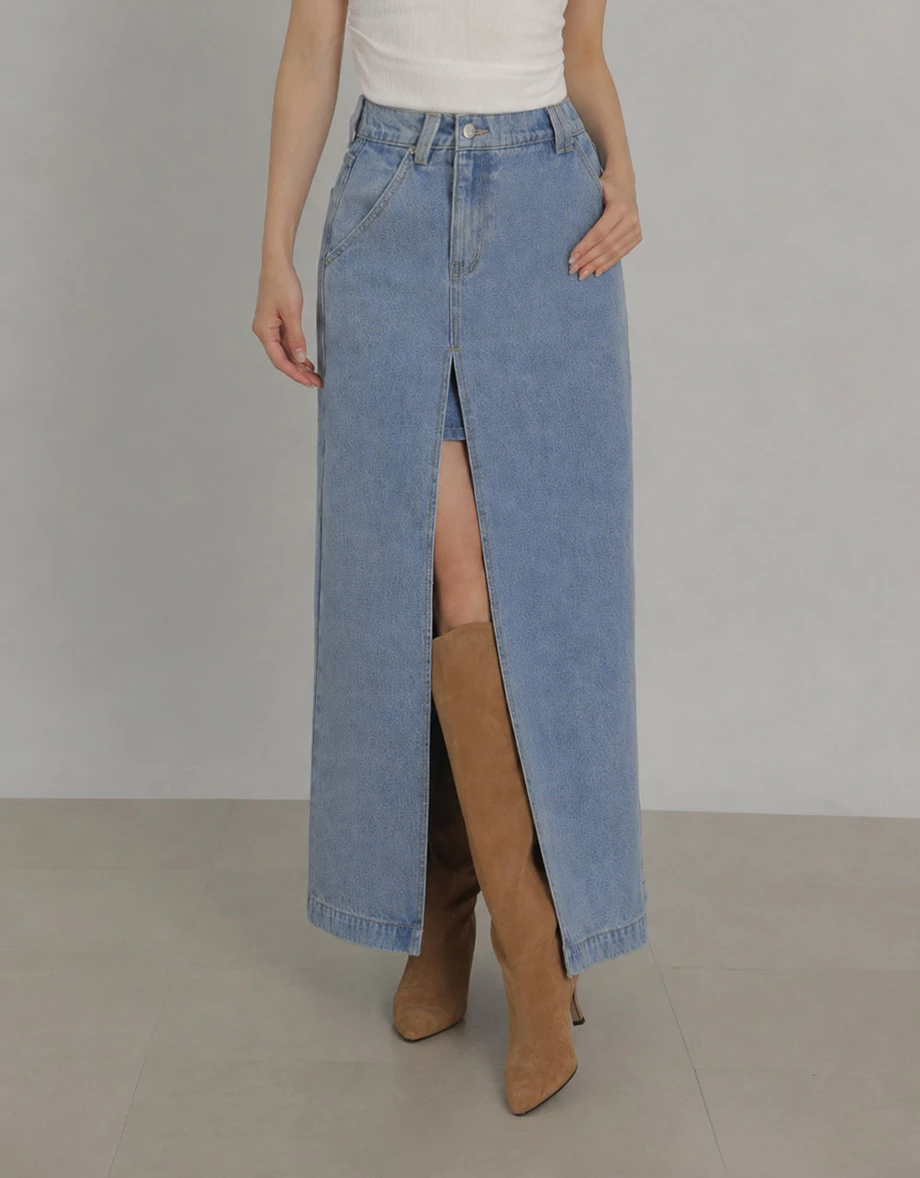 High Waist Front Slit Elastic Back Jeans Denim Maxi Skirt High Waist Front Slit Elastic Back Jeans Denim Maxi Skirt