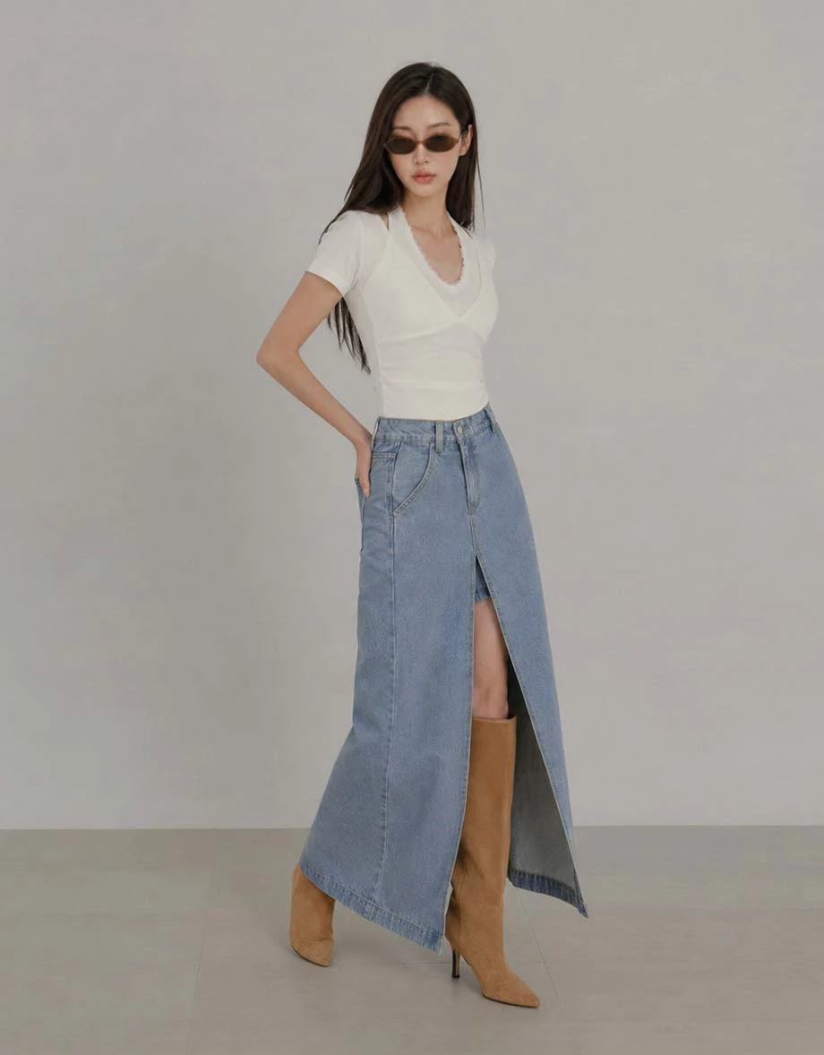 High Waist Front Slit Elastic Back Jeans Denim Maxi Skirt High Waist Front Slit Elastic Back Jeans Denim Maxi Skirt