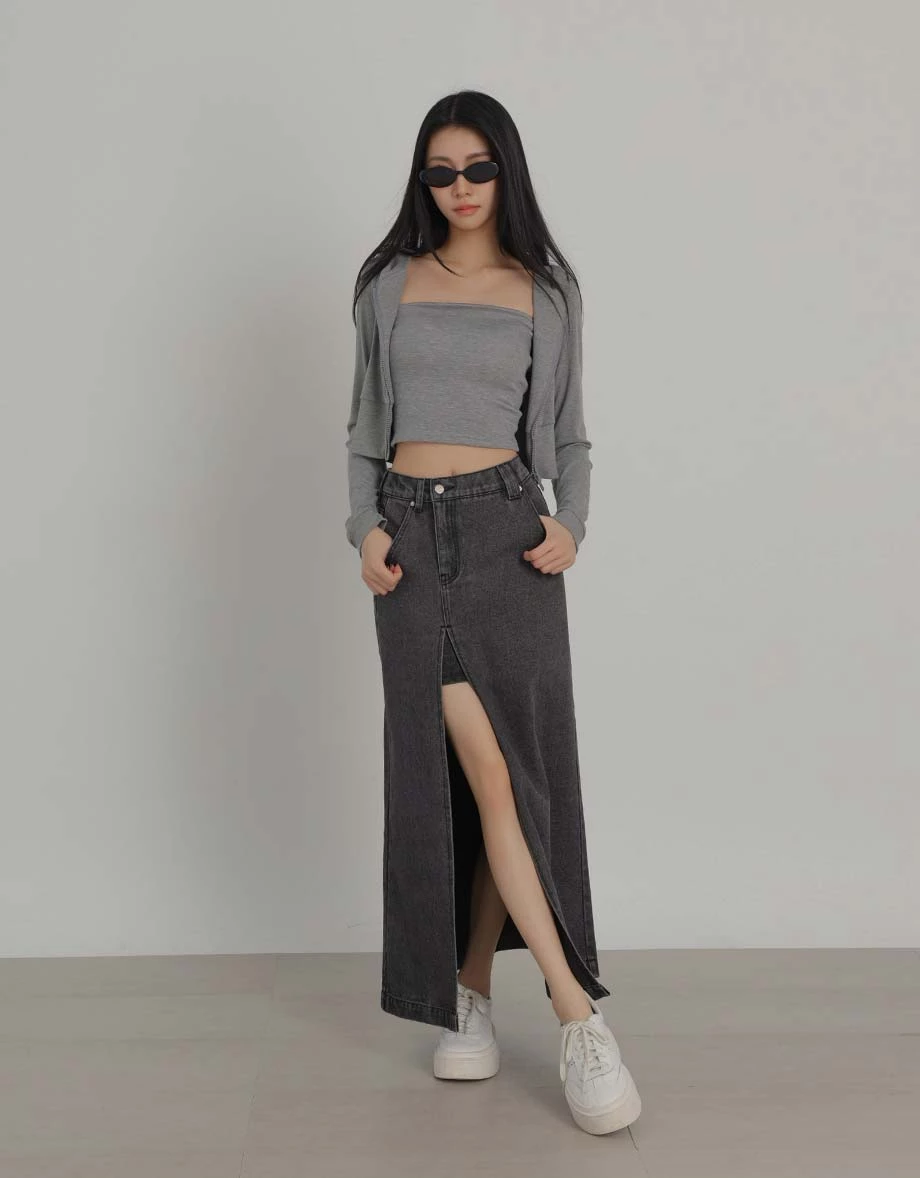 High Waist Front Slit Elastic Back Jeans Denim Maxi Skirt High Waist Front Slit Elastic Back Jeans Denim Maxi Skirt