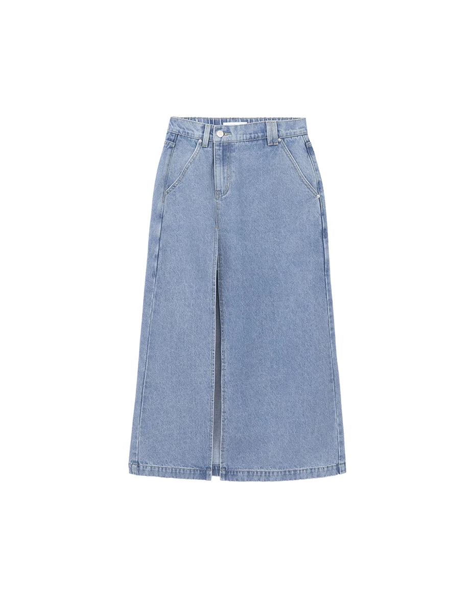 High Waist Front Slit Elastic Back Jeans Denim Maxi Skirt High Waist Front Slit Elastic Back Jeans Denim Maxi Skirt