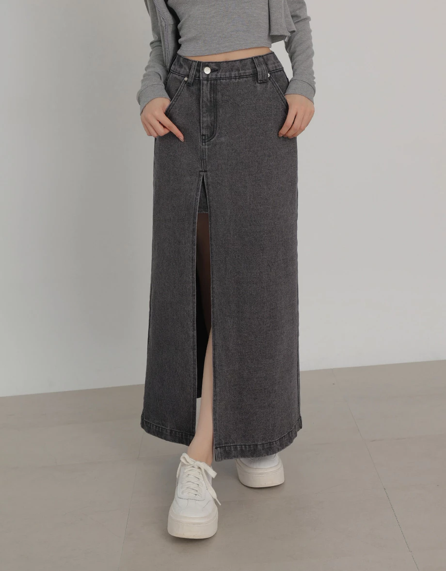 High Waist Front Slit Elastic Back Jeans Denim Maxi Skirt High Waist Front Slit Elastic Back Jeans Denim Maxi Skirt
