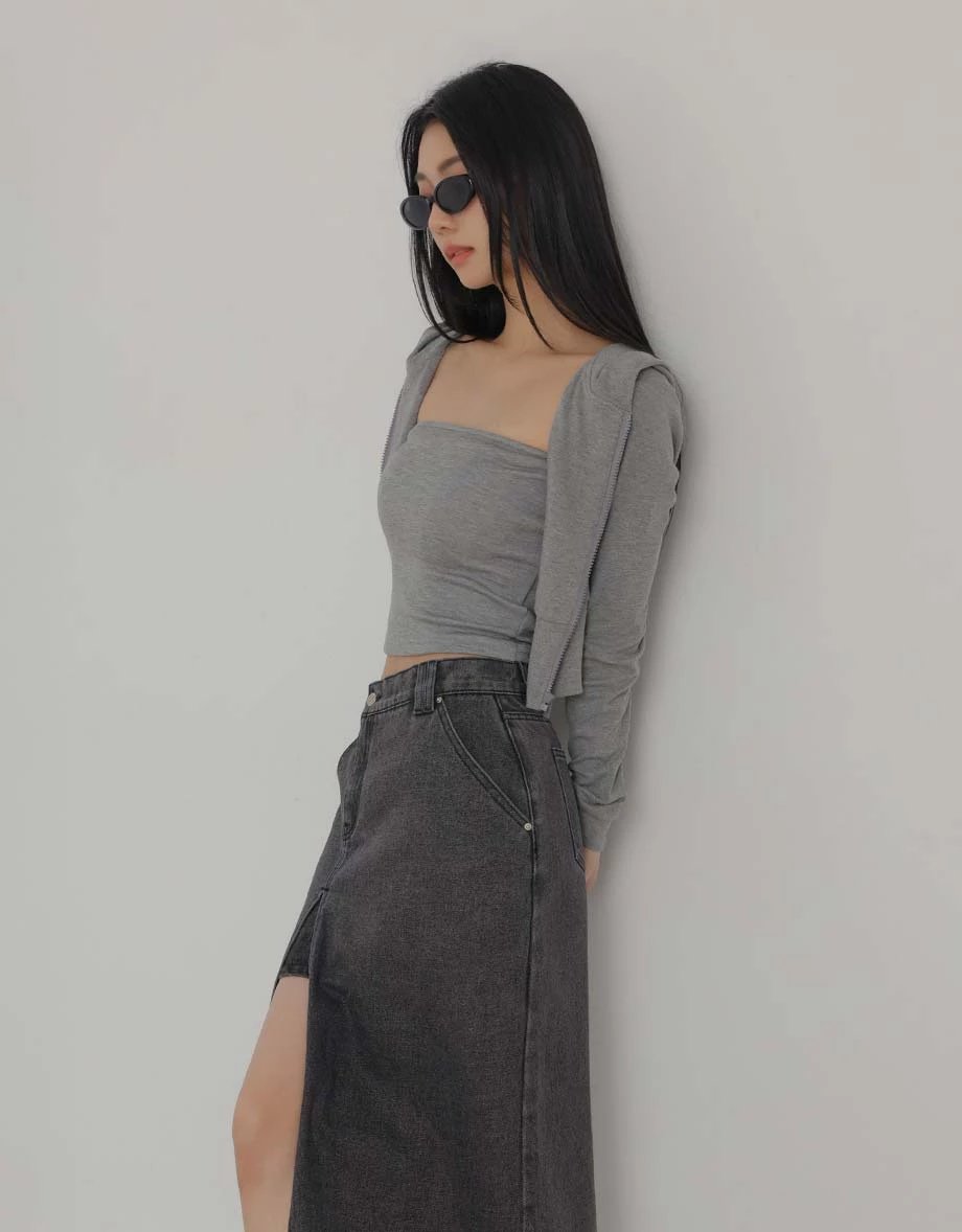 High Waist Front Slit Elastic Back Jeans Denim Maxi Skirt High Waist Front Slit Elastic Back Jeans Denim Maxi Skirt