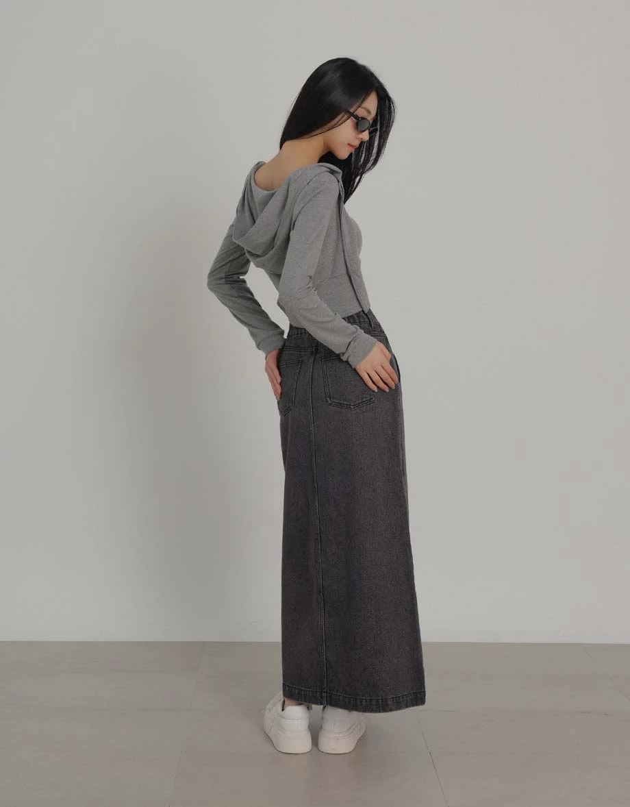 High Waist Front Slit Elastic Back Jeans Denim Maxi Skirt High Waist Front Slit Elastic Back Jeans Denim Maxi Skirt