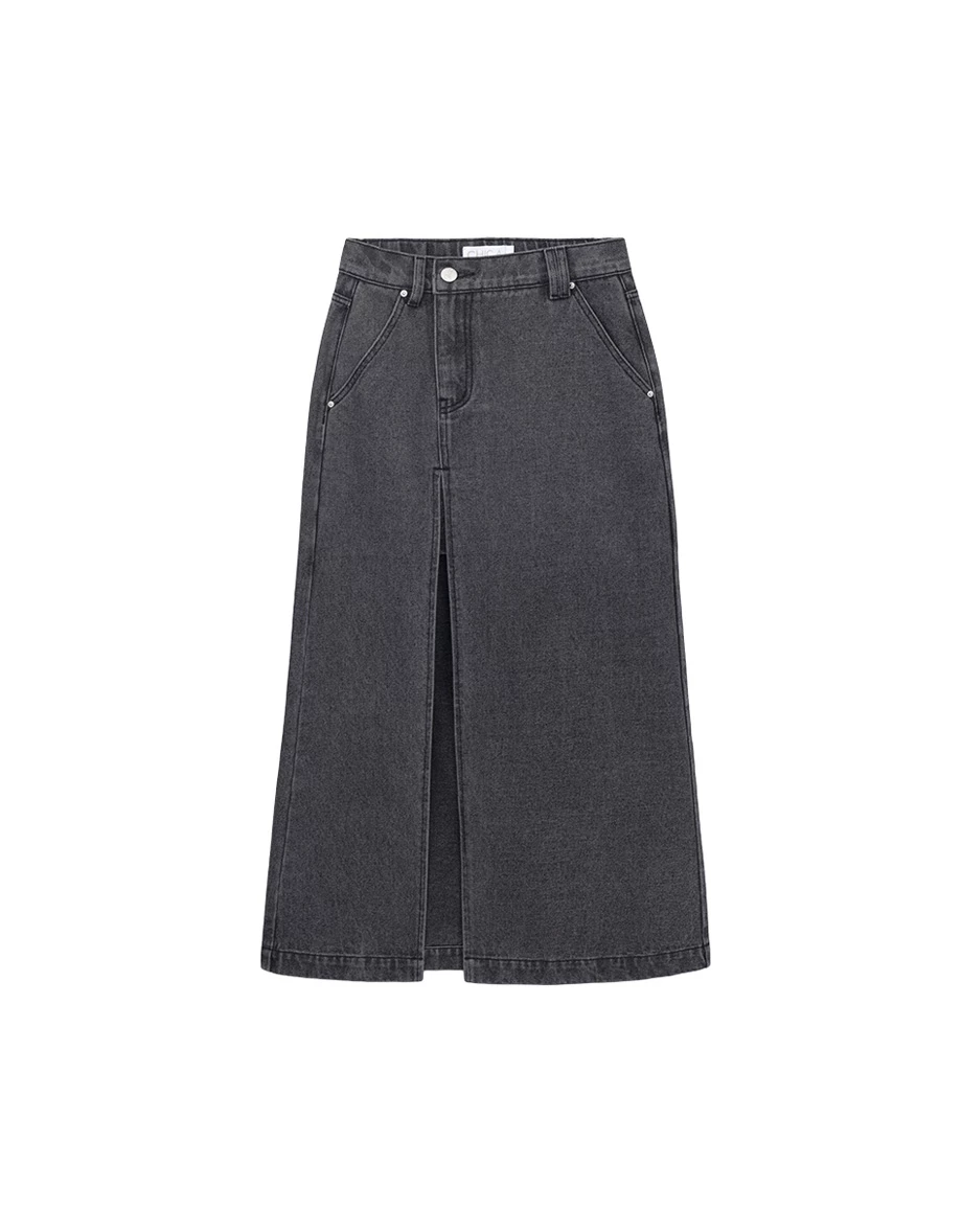 High Waist Front Slit Elastic Back Jeans Denim Maxi Skirt High Waist Front Slit Elastic Back Jeans Denim Maxi Skirt