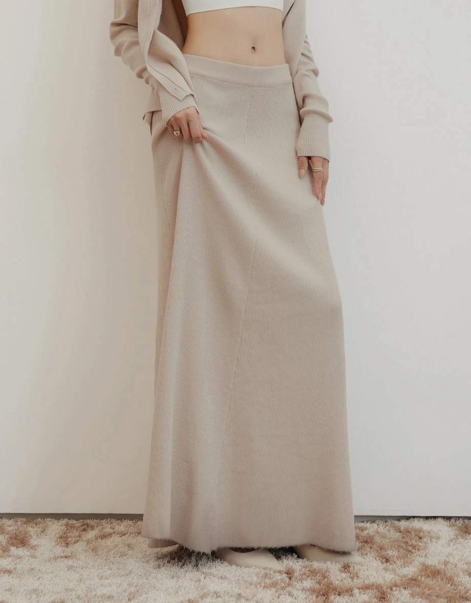 【IHUA Deisgn】Elastic Waist Ribbed Knit A Line Maxi Skirt