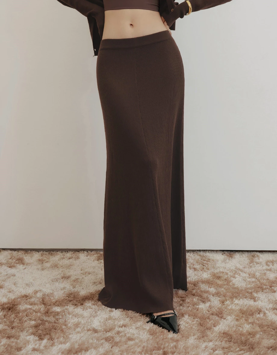【IHUA Deisgn】Elastic Waist Ribbed Knit A Line Maxi Skirt