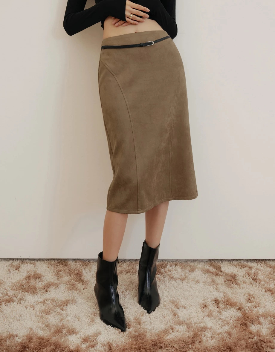 【IHUA Deisgn】High Waist Back Slit Midi Skirt (Faux Leather / Faux Suede)